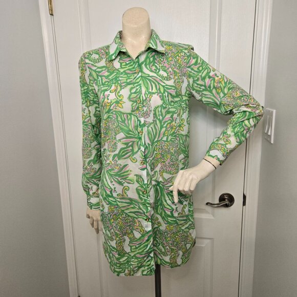 Lilly Pulitzer Shirt Dress Tunic Green and Pink Long sleeve Colorful - Picture 2 of 15